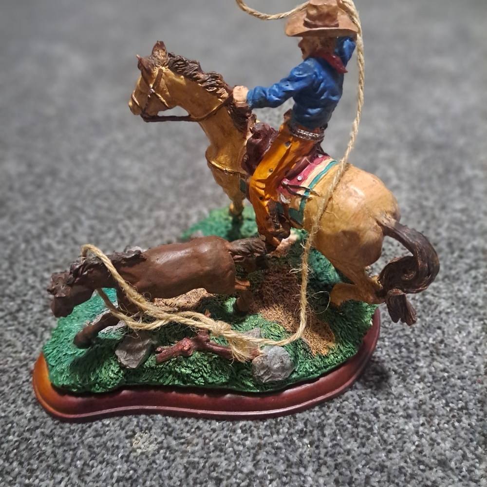 Russ Berrie Cowboy and Horse Figurine - Blue, Brown, Green